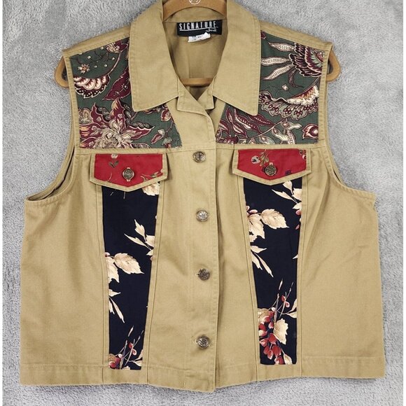 Signature by Jerell Vest Womens XL Beige Denim Floral Patchwork Button Front - Picture 1 of 11